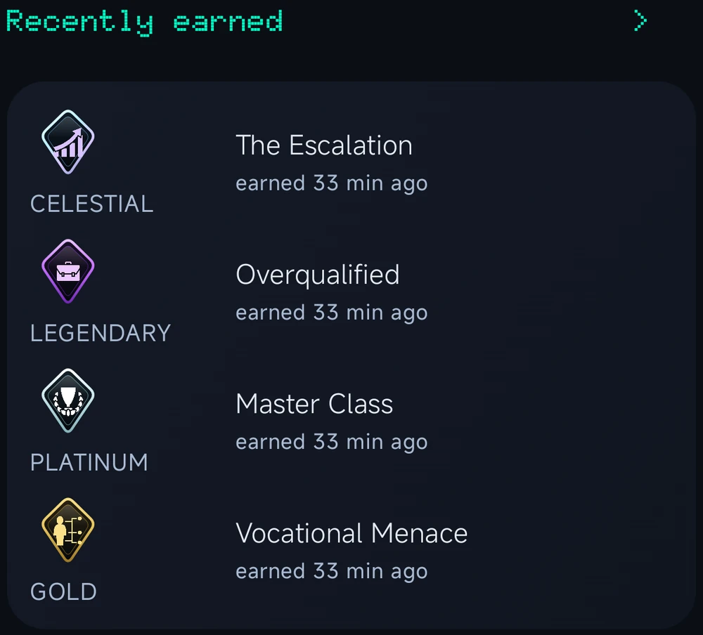 CrawlFit's Recently earned rail showing four fresh badges: The Escalation (celestial), Overqualified (legendary), Master Class (platinum), and Vocational Menace (gold)