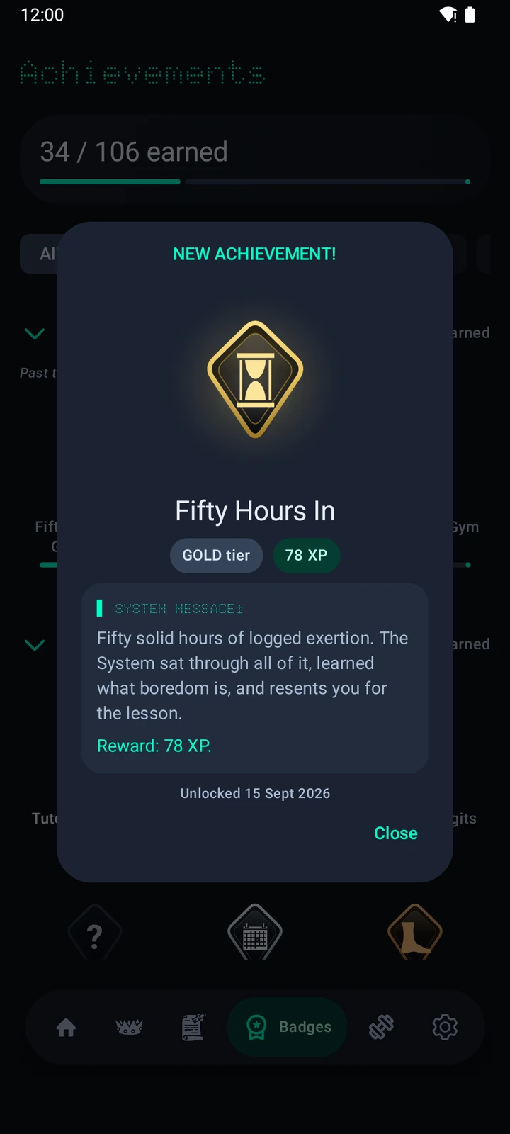CrawlFit revealing the gold Fifty Hours In achievement over the badge collection