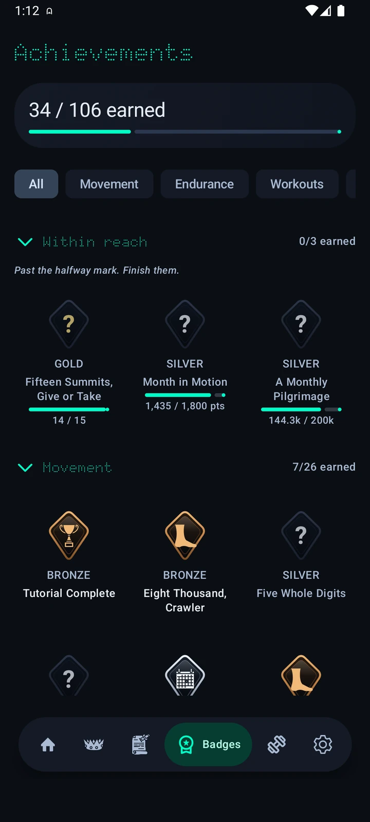 CrawlFit collection screen showing 34 of 106 achievements earned, with hidden and revealed badges in bronze, silver, and gold tiers