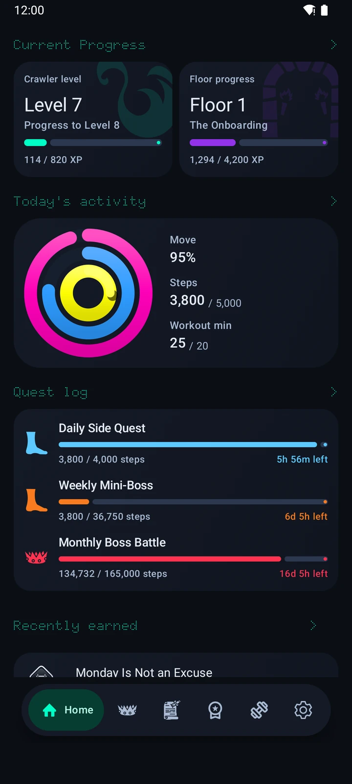 CrawlFit home screen showing level and floor progress, activity rings, and quest log