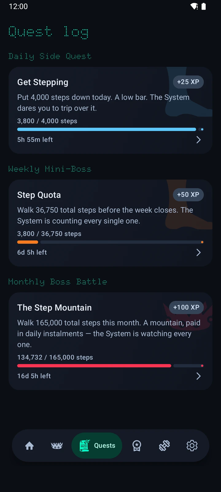 CrawlFit quest log showing daily, weekly, and monthly timed objectives