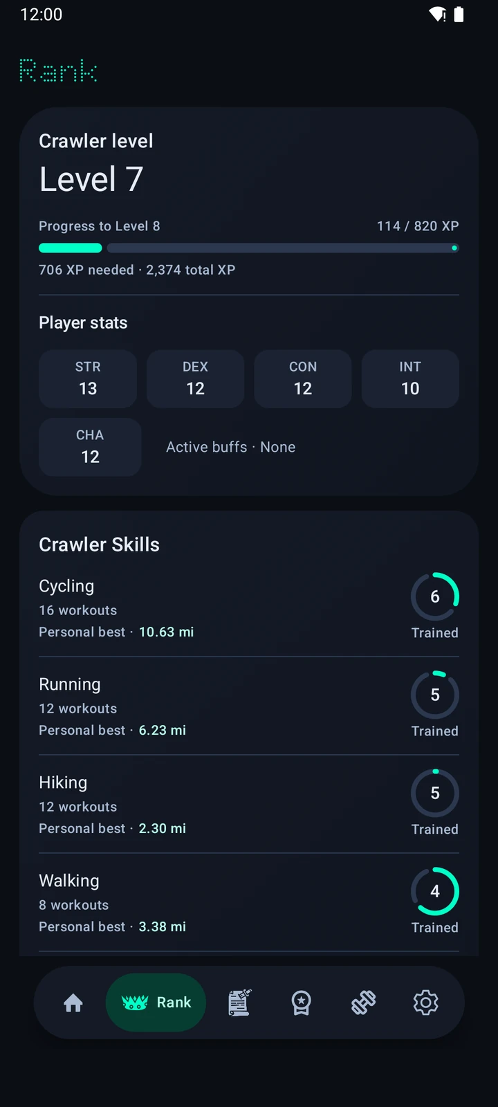 CrawlFit rank screen showing Crawler level, player stats, and skill progression