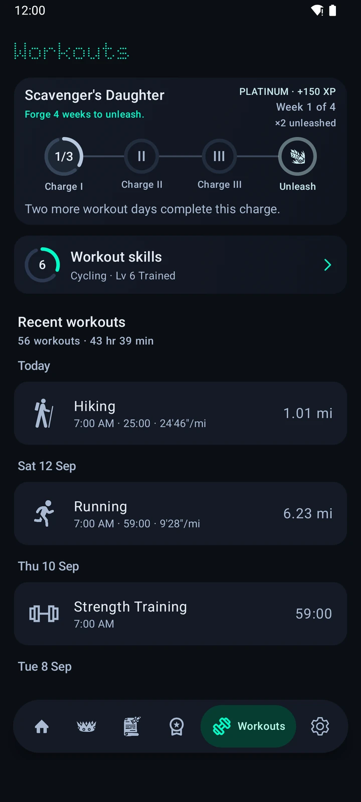 CrawlFit workouts screen showing the Scavenger's Daughter medal forge, recent workout totals, and a list of logged sessions